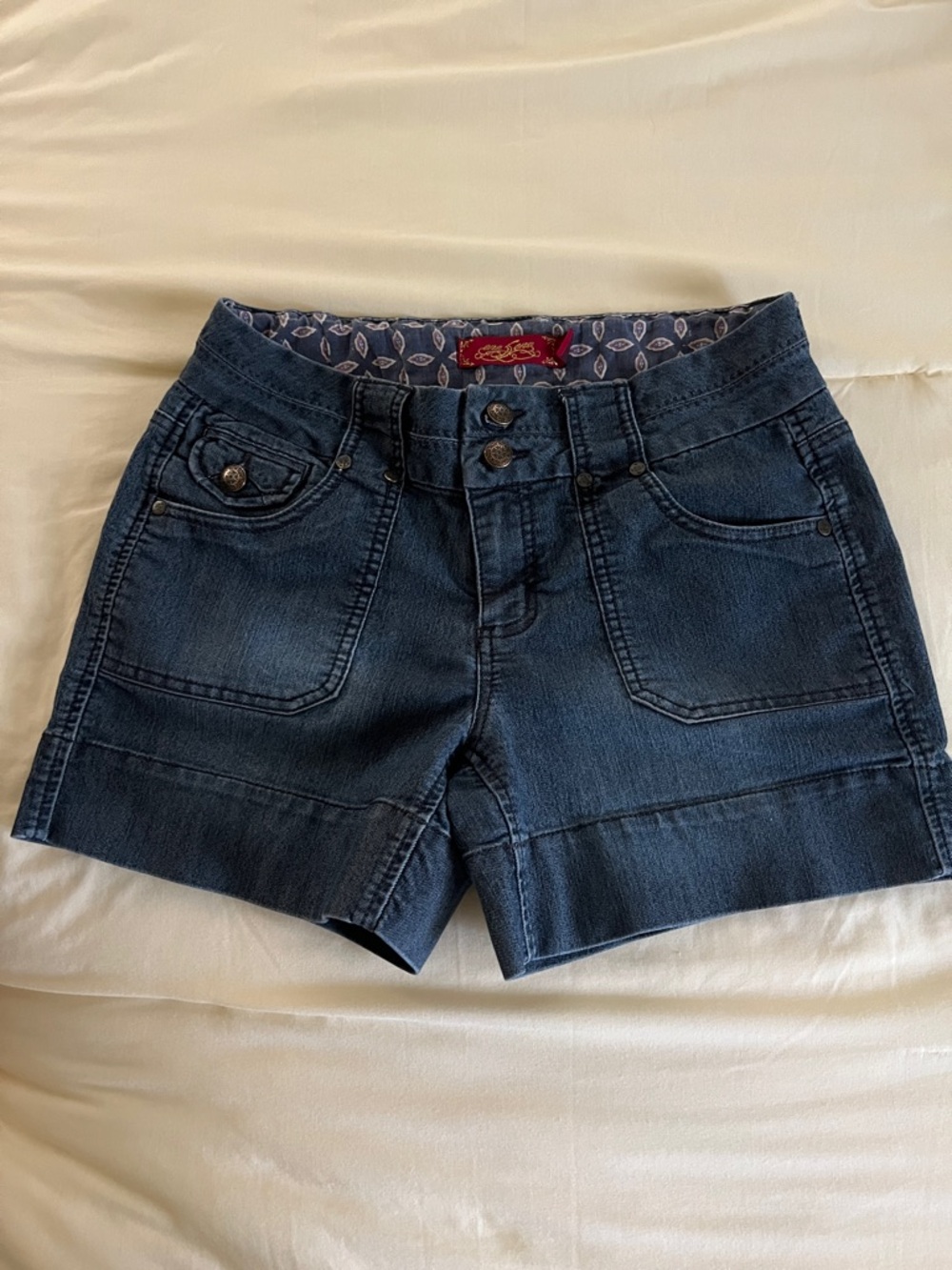 One Sore Navy Denim Shortie with Double Button Waist